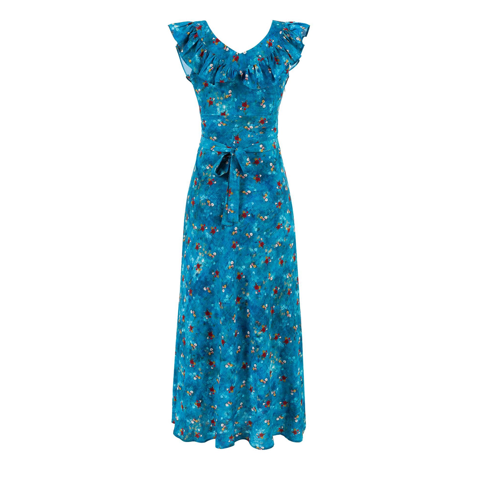 Ruffled Hem Blue Base Floral Print Waist-Cinched Dress