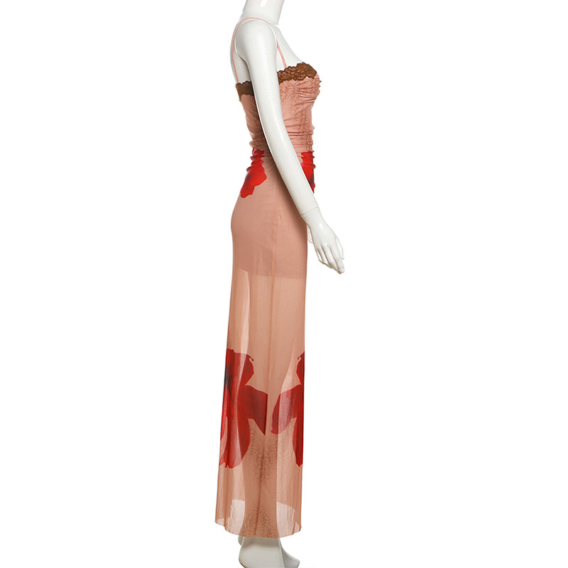 Sleeveless backless slimming color blocked lace camisole long skirt for women