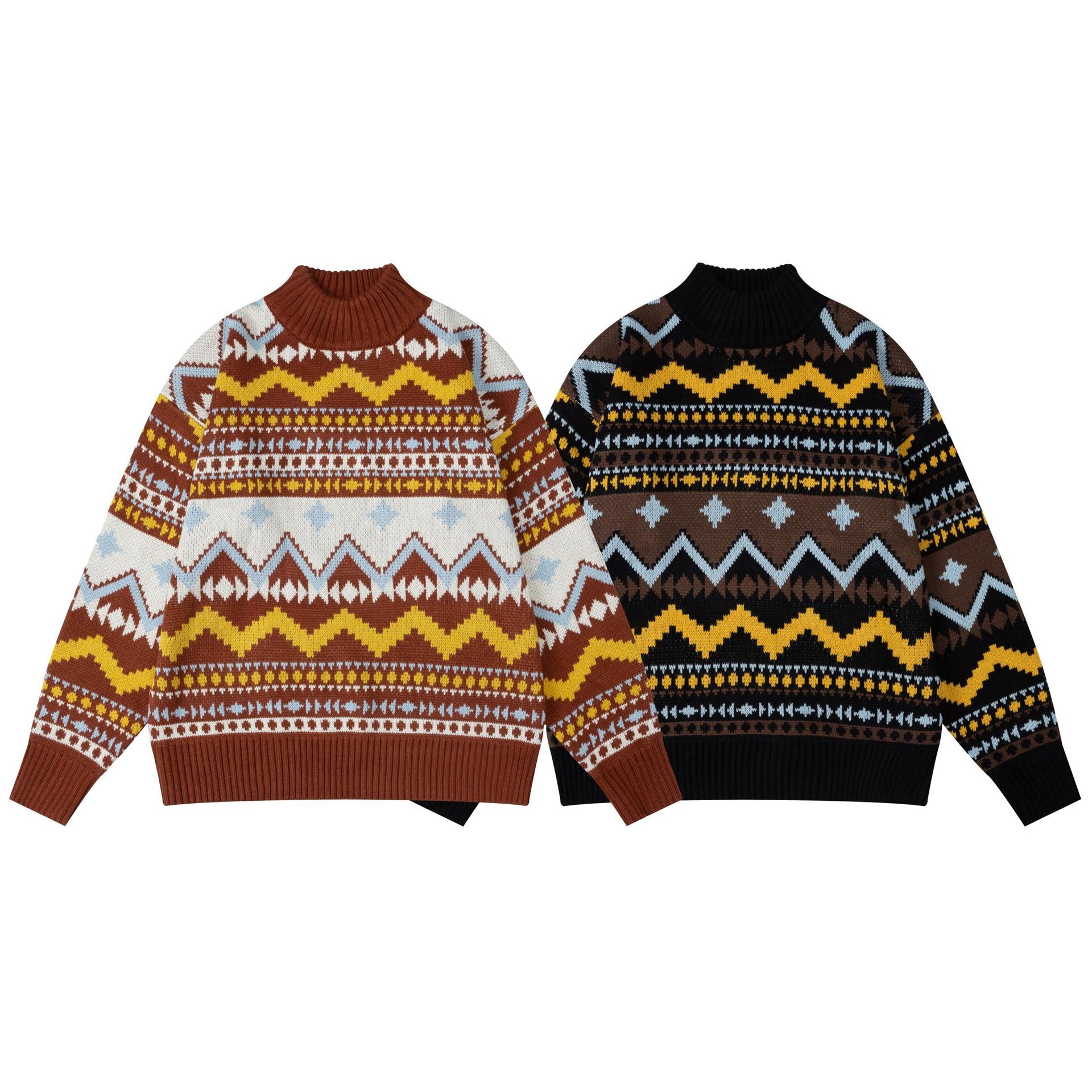 Retro Print Long Sleeve Stand Collar Sweater
