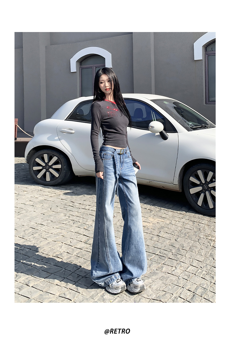 High-Waist Versatile Belted Flared Jeans for Women Office Wear Non-Skinny High-Waist Style Flared Trousers