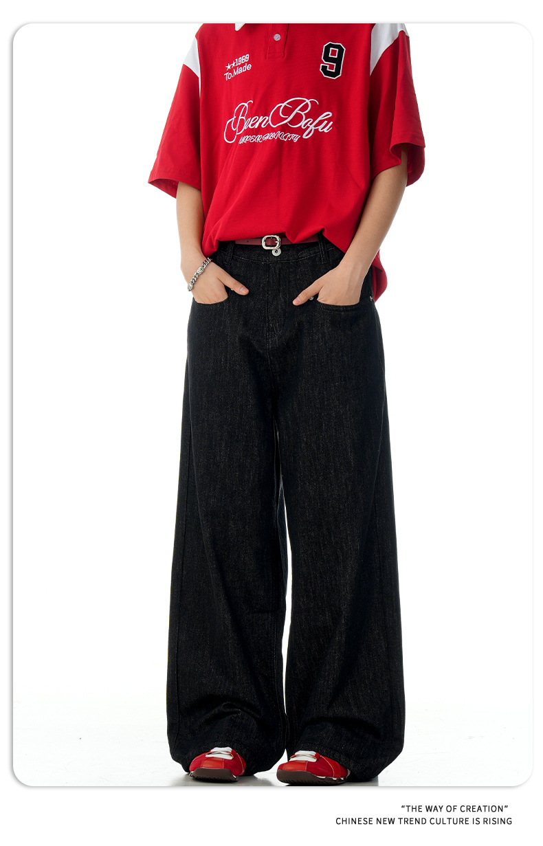 Denim Jeans Faded Unisex Straight A-Line Slim Clean Fit Versatile Long Pants