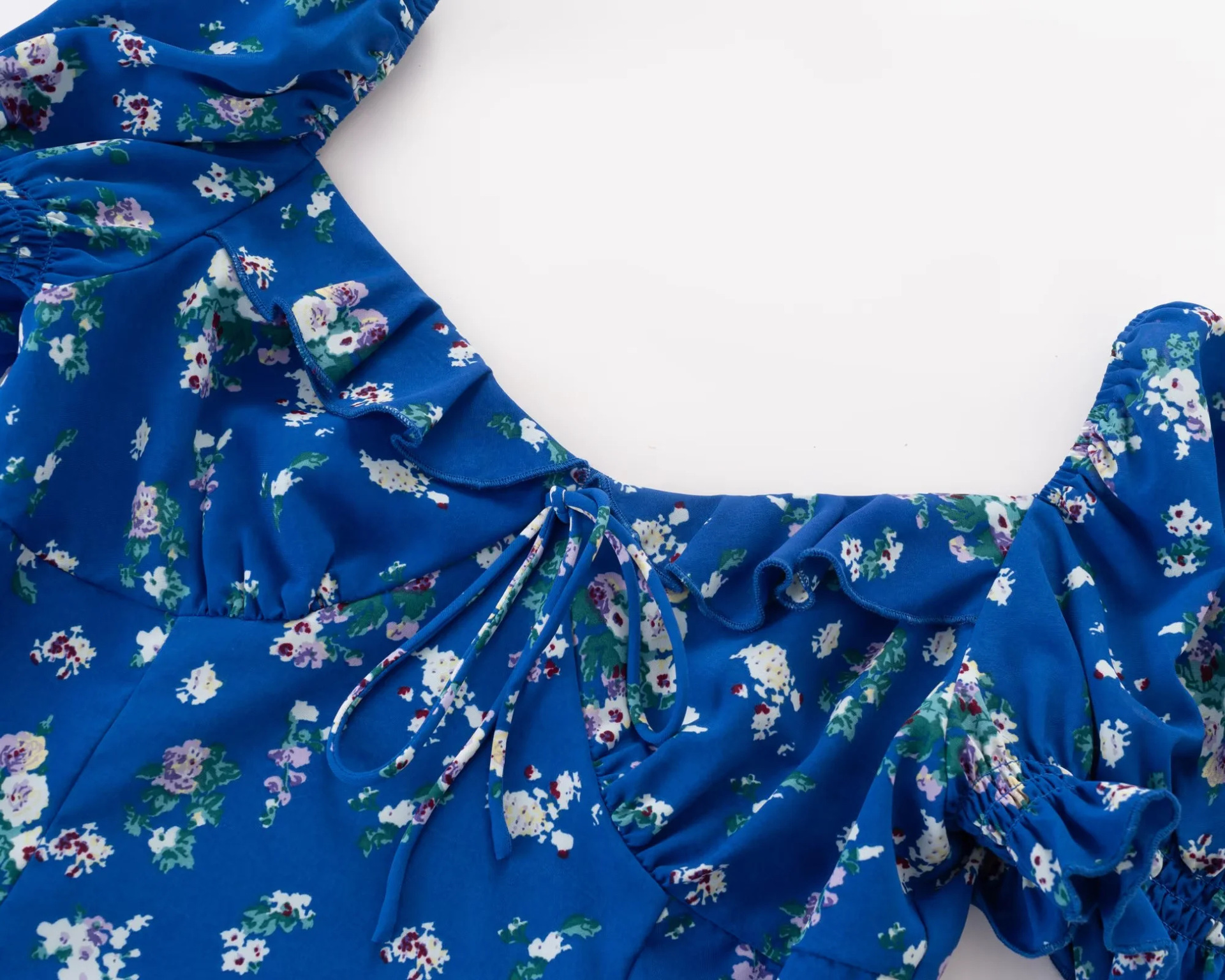 Straight Neck Tie Front Flower Puff Shirt
