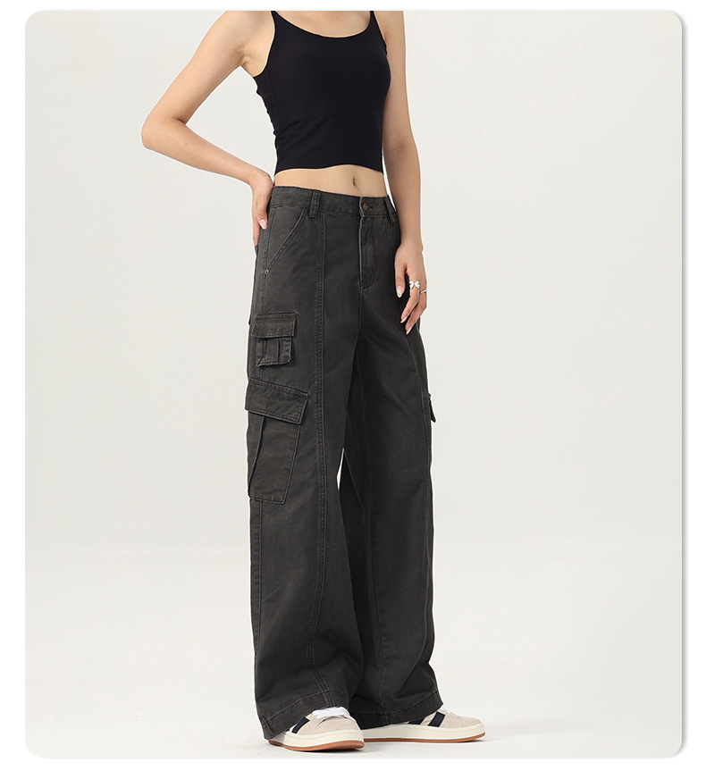 Women's Straight Cargo Pants Unisex Multi-Pocket Design Wide Leg Casual Trousers