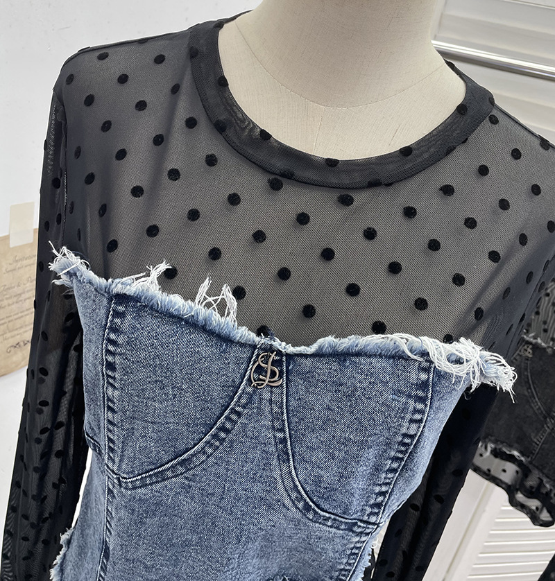 Asymmetric Distressed Jean Tailored Cropped Wrist-Length Tee