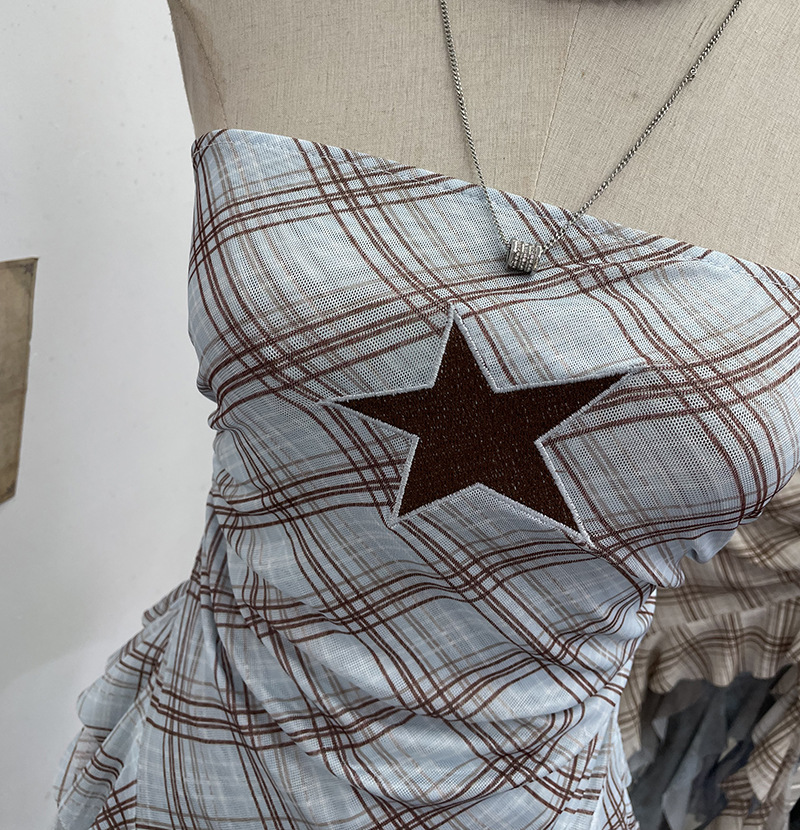 Sultry Asymmetric Plaid Mesh Strapless Top