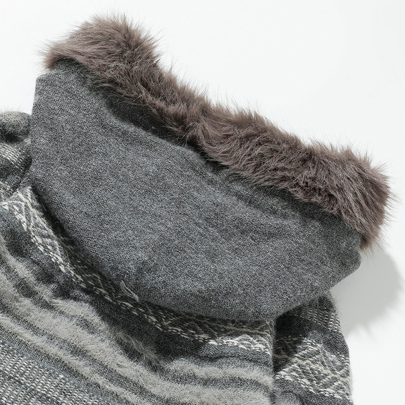 Matching Oversized Furry Trim Jacquard Knit Overcoat