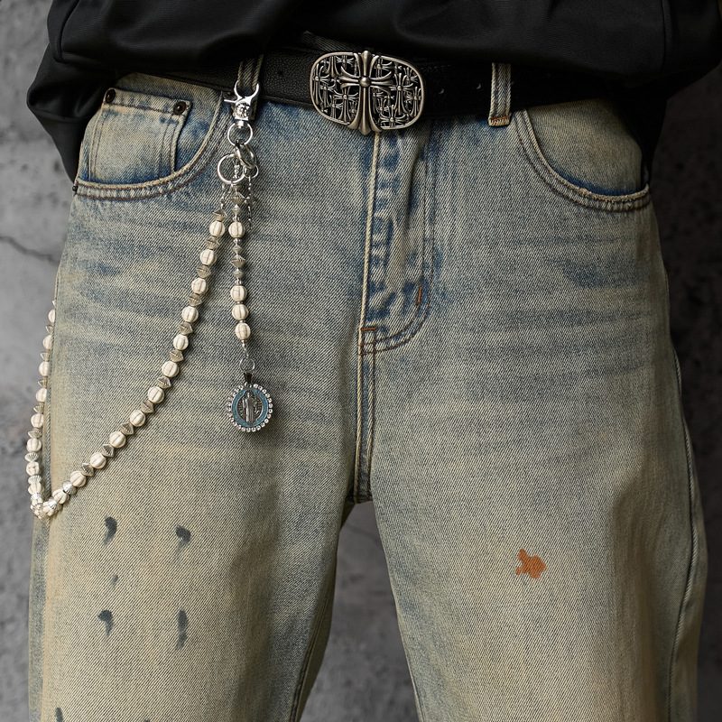 Streetwear Hip-hop Fashion Design Spray Painted Knife Pants for Men Loose Versatile Washed Distressed Denim Jeans
