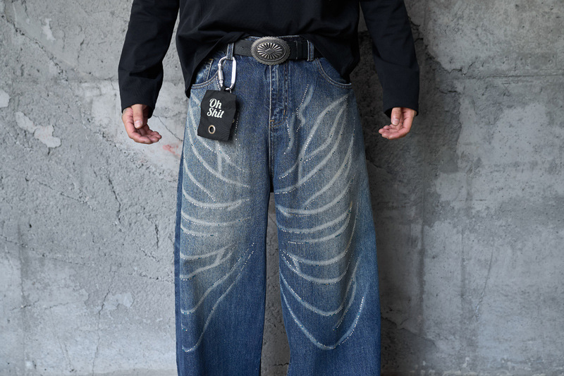 Style Butterfly Cat Whisker Laser-Printed Denim Pants with Unique Design, Wide Leg, Loose Fit, Straight Cut, Oversized Jeans