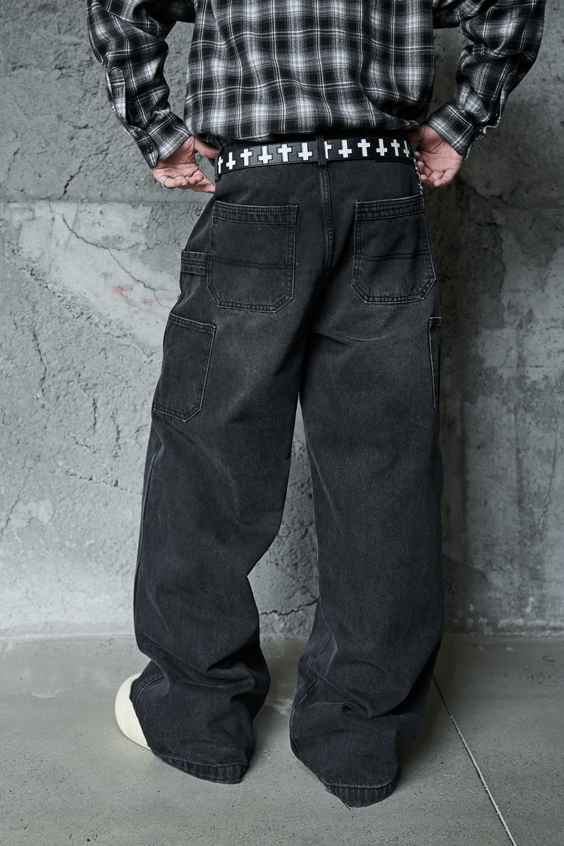 Casual Knife-Edge Pants for Men, Loose Straight-Leg Patchwork Denim Pants, Embroidered Wide-Leg Long Pants