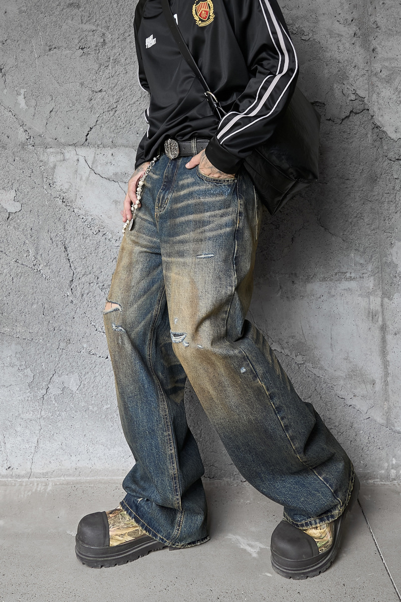 Vintage Washed Ripped Street Style Dagger Cut Denim Pants, Unisex Loose Clean Fit Wide Leg Floor-Length Trousers