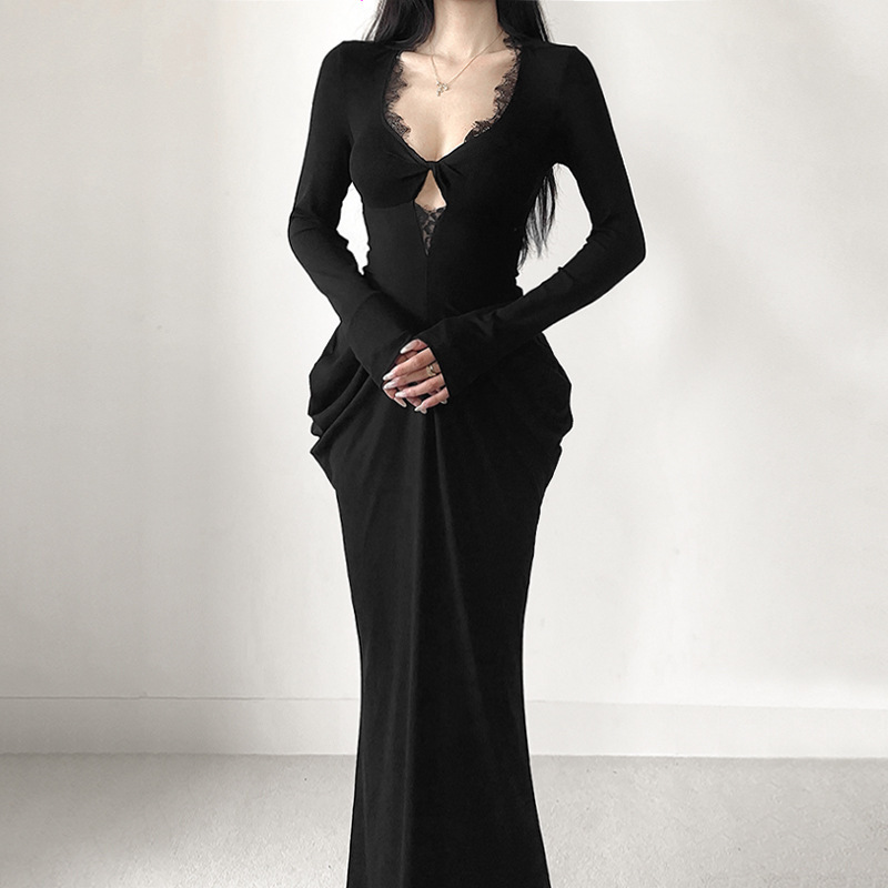 Plunging Neckline Long Sleeve Bodycon Dress