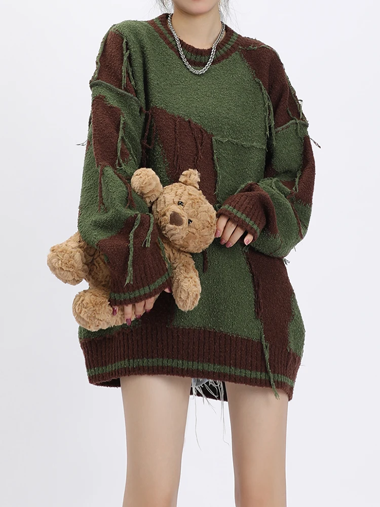 Ladies Long-Sleeved Round Neck Fringe Two-Tone Sweater