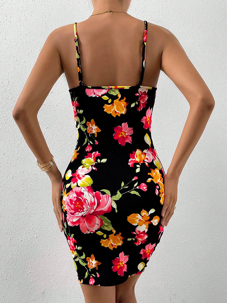 Patterned Form-Fitting Bare-Shoulder Plunge Mini Dress