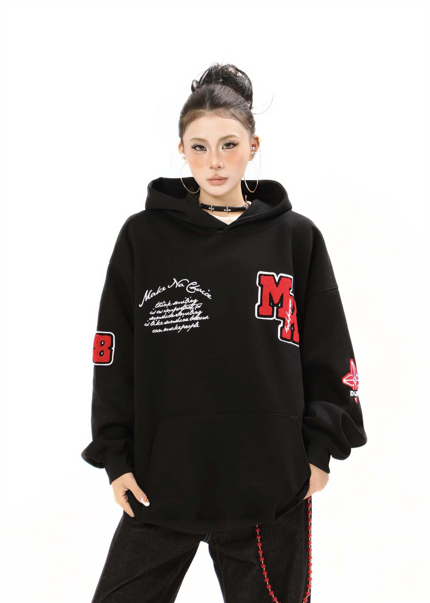 Text Embroidered Long Sleeve Oversized Cotton Hoody