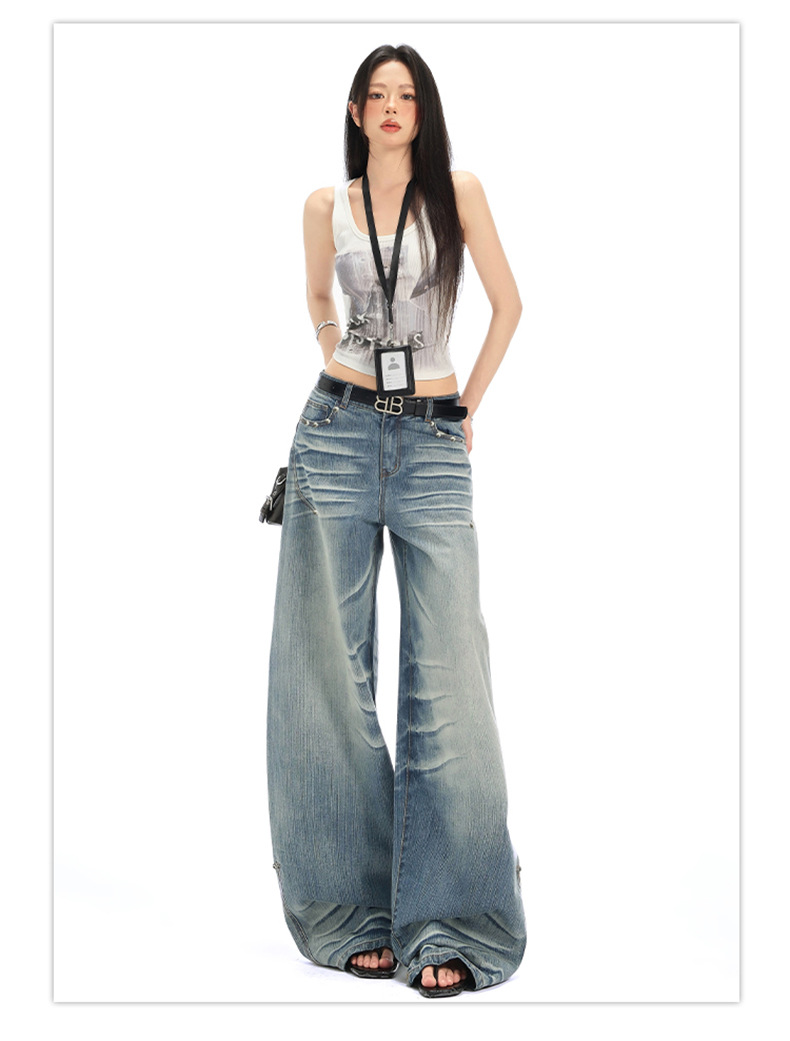 Retro Spicy Girl Washed Pleated Wide-Leg Jeans Women's Cracked Design Loose Drape Floor-Length Pants