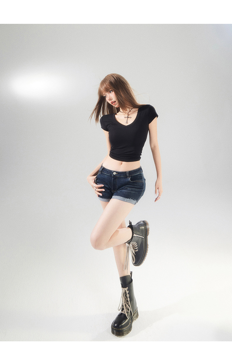 Dark Blue Cuffed Denim Shorts for Women Elastic High Waist Washed Versatile Spicy Girl Sexy Hot Pants