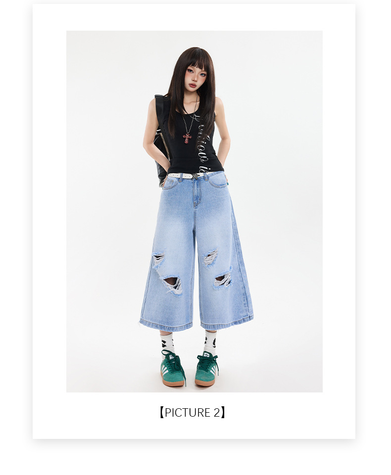 Black Gray Hole Seven-Point Denim Pants Women Vintage Wide-Leg Straight Leg Pants High Street Trendy