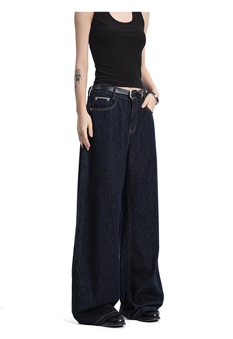 Denim Pants Vintage Wash Straight Commuter Casual Loose A-Line Trousers