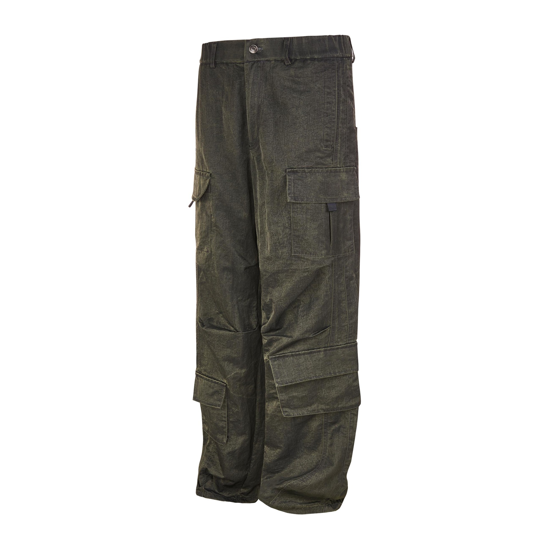Pleated Layered Design Military Green Multi-Pocket Button Cargo Casual Trousers for Men and Women