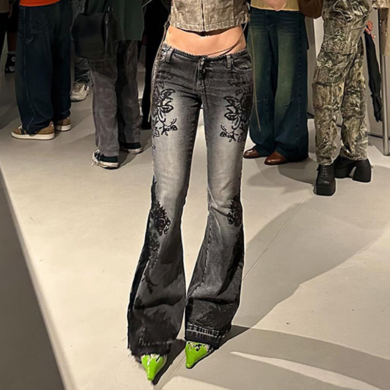 Retro plant print washed water slim fit and slimming flared jeans