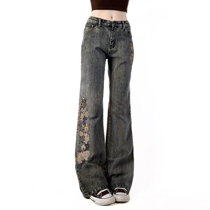 Bead embroidery floral design for vintage washed micro flared jeans