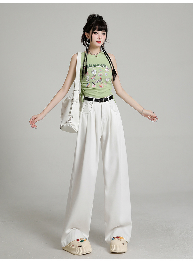 Women's White Three-Proof Tencel Wide-Leg Jeans High-Waist Drape Loose Floor-Length Pants