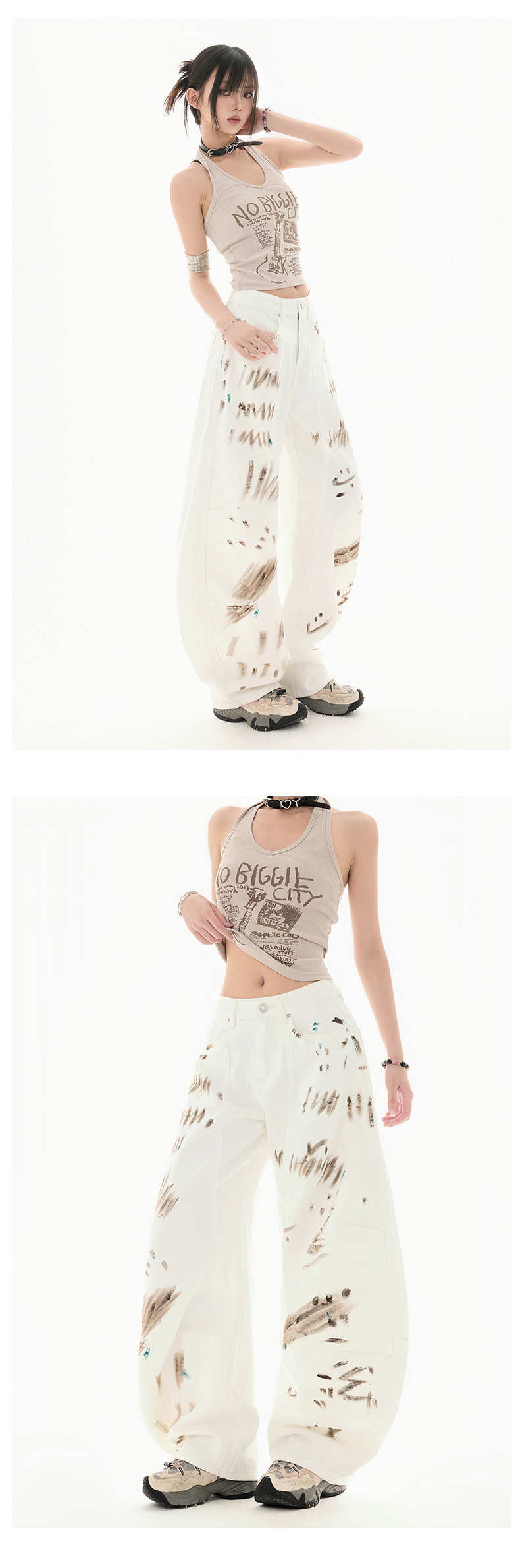 Graffiti White Jeans High-Waisted Unique Design Loose Wide-Leg Knife-Edge Pants