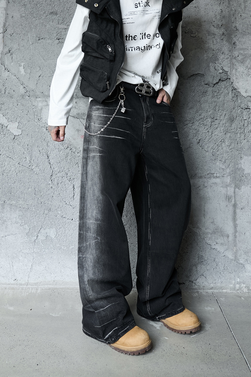 Vintage Washed Lightning Pattern Straight Leg Jeans Men High Quality Gradient Trendy Brand Wide Leg Pants