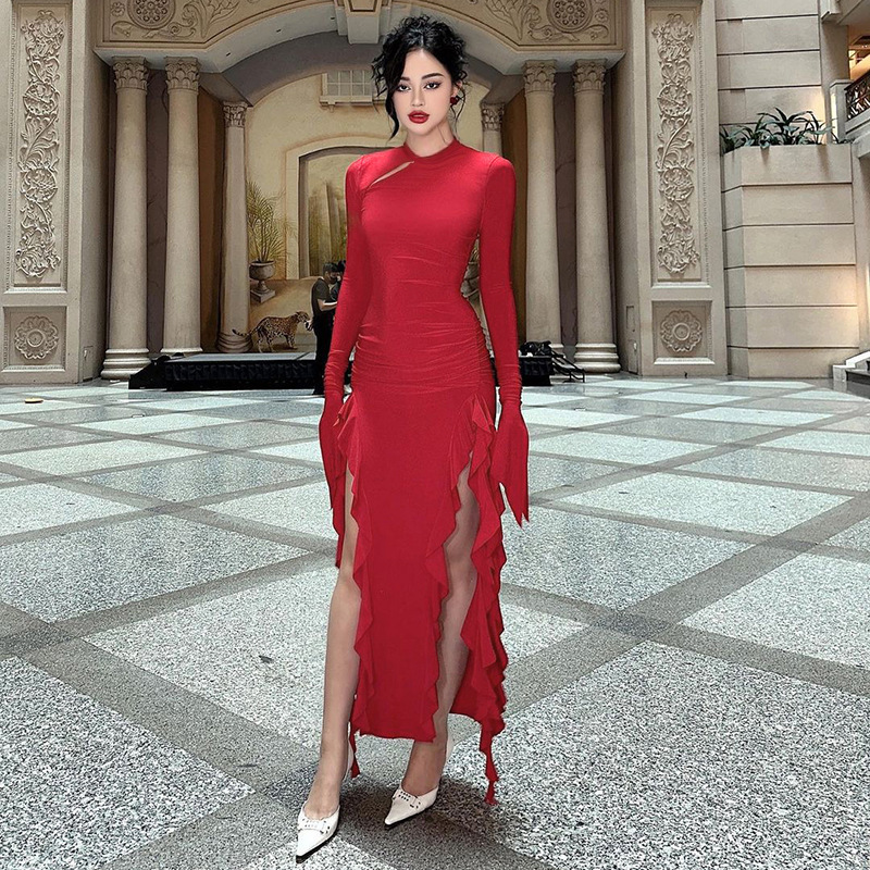 Round Neck Full Sleeve Polyester Cutout Dress