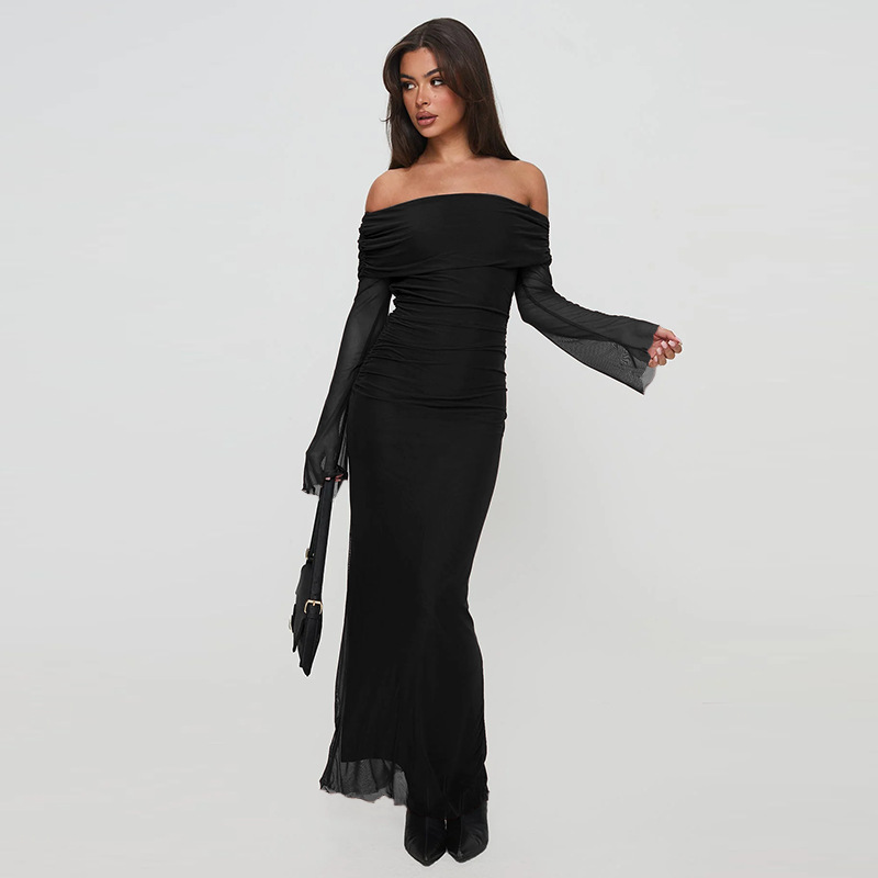Asymmetric Neckline Three-Quarter Sleeve Polyester Long Mid-Rise Dress