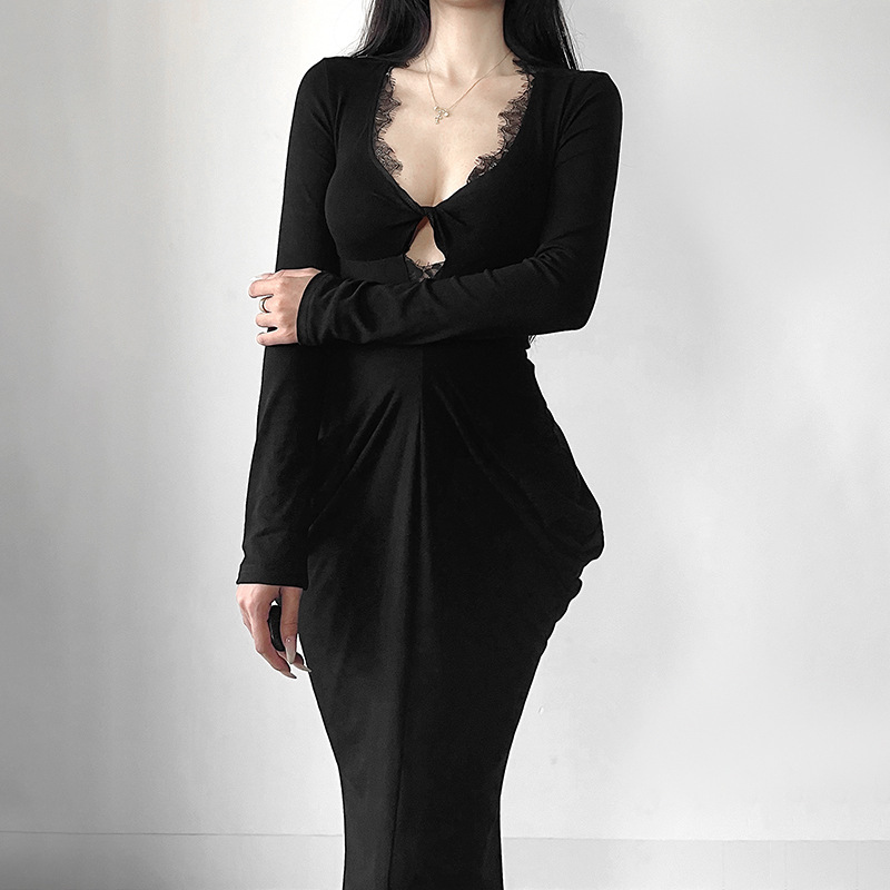 Plunging Neckline Long Sleeve Bodycon Dress