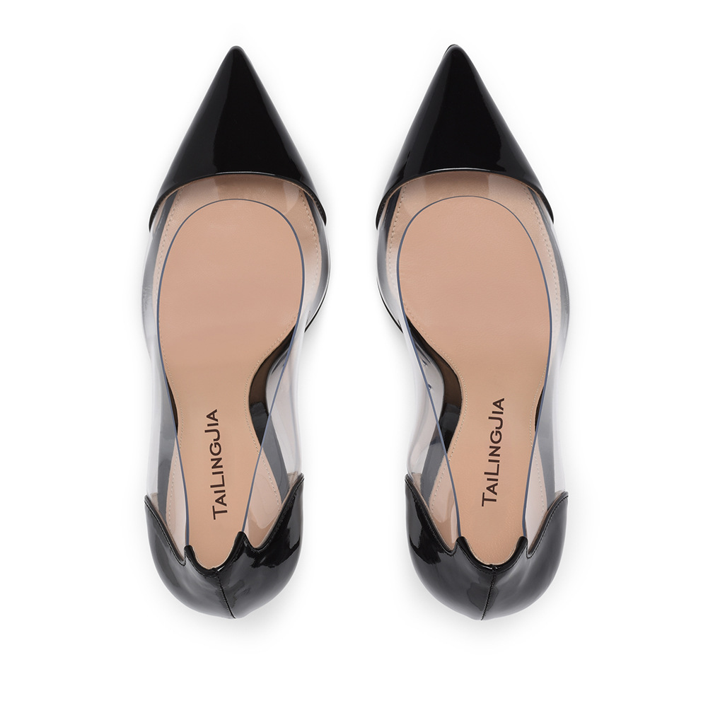 PVC Spliced Pointed High Heel Single Shoes Large Womens Shoes Fashion Shoes