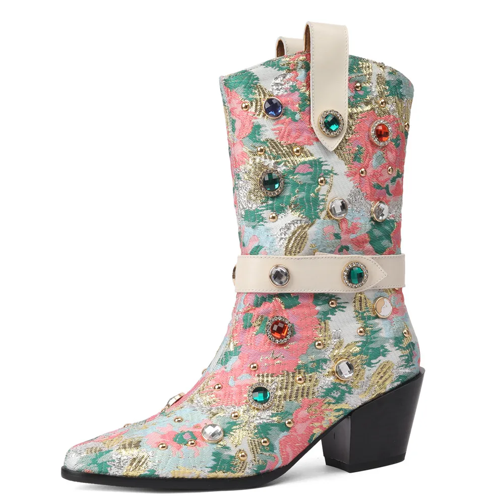 New Arrival Ethnographic Style Women Cow Leather Mid Calf Boots Pointed Toe Thick Heels Crystal