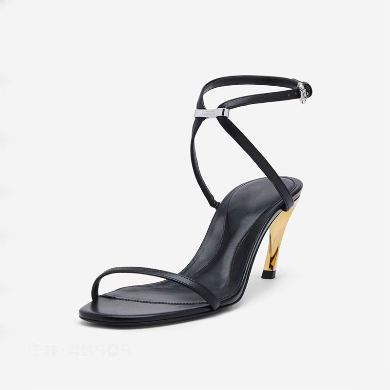 Round toe open toe shaped heel genuine leather sandals with European and American style belt buckle