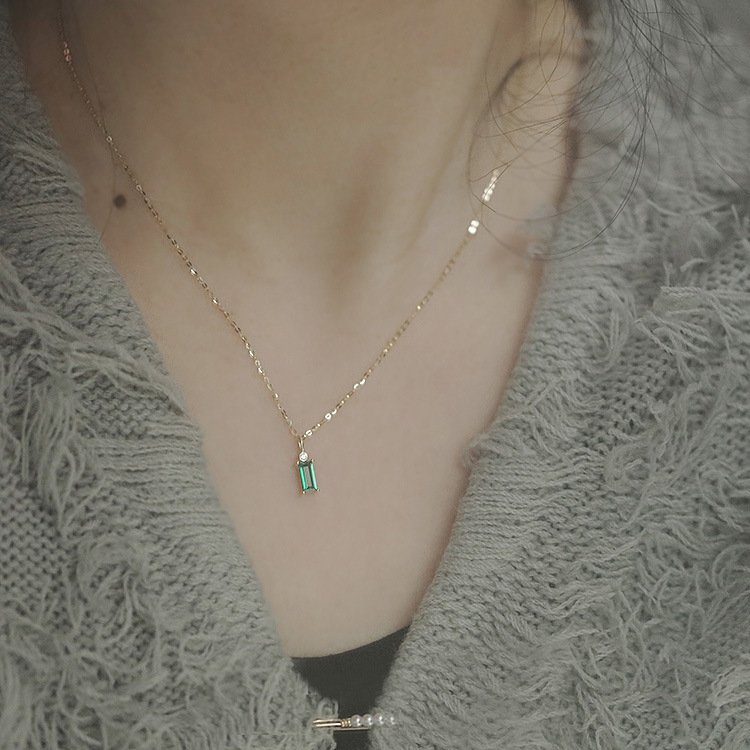 925 Sterling Silver 14K Gold Plated Emerald Green Mini Rectangle Zircon Necklace Female Korean Style Pendant Necklace