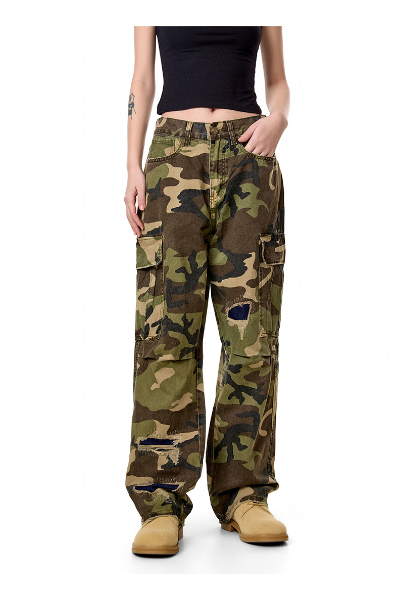 Camouflage Casual Pants with Ripped Patches Loose Straight Leg Trousers with Pockets