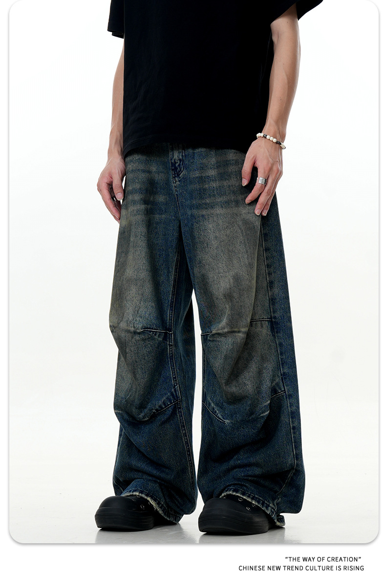 Distressed Pleated Denim Pants for Men and Women Straight Loose Casual Slim Wide-Leg Long Pants
