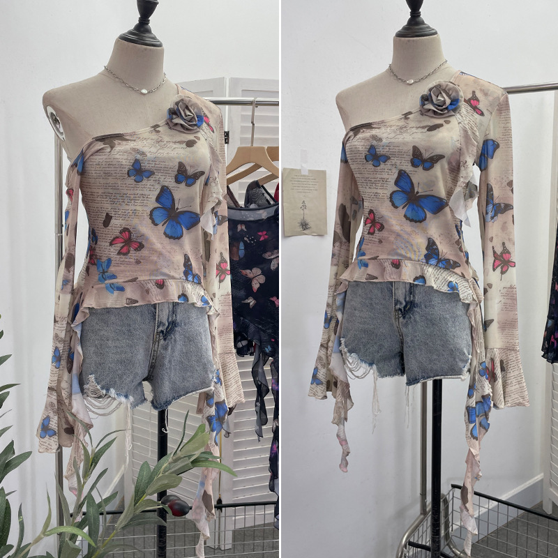 Asymmetric Pointed Floral Off-Shoulder Full Sleeve Top