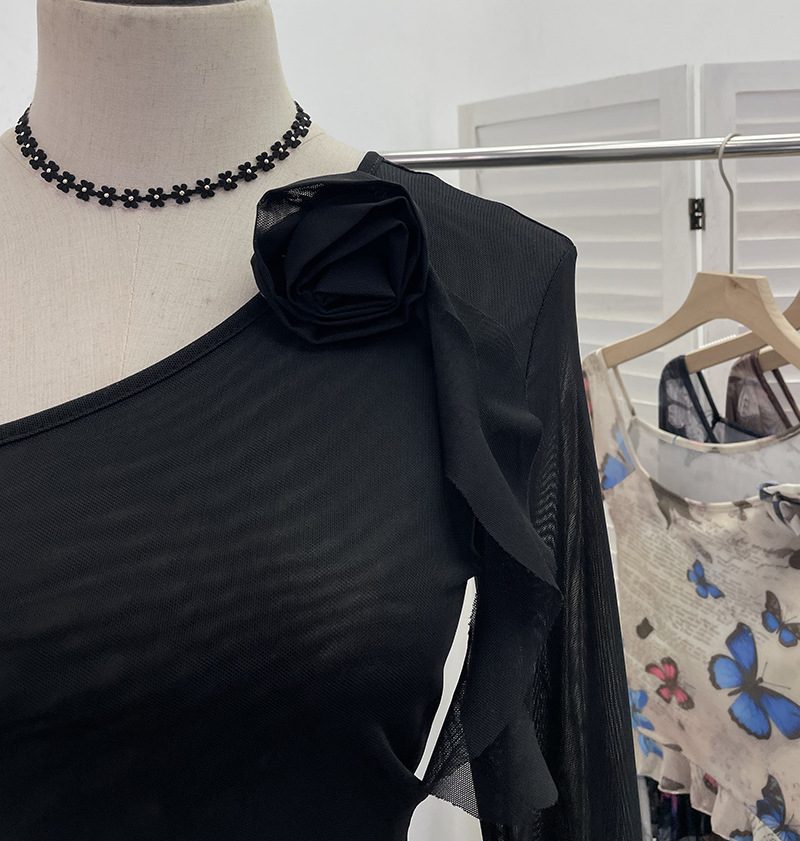 Asymmetric Pointed Floral Off-Shoulder Full Sleeve Top