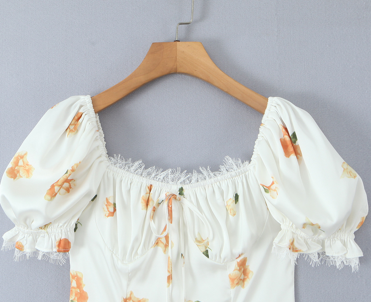 Box Neck Puff Mini Flower Dress