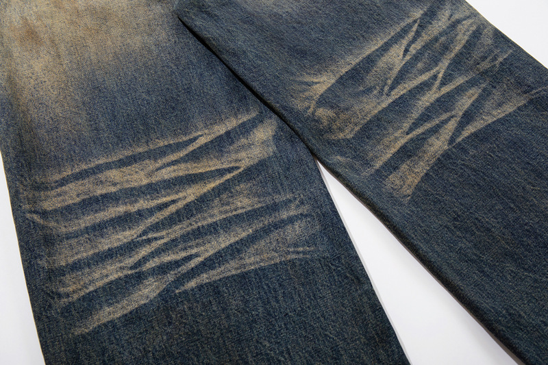 Vintage Washed Ripped Street Style Dagger Cut Denim Pants, Unisex Loose Clean Fit Wide Leg Floor-Length Trousers