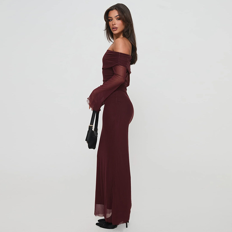 Asymmetric Neckline Three-Quarter Sleeve Polyester Long Mid-Rise Dress
