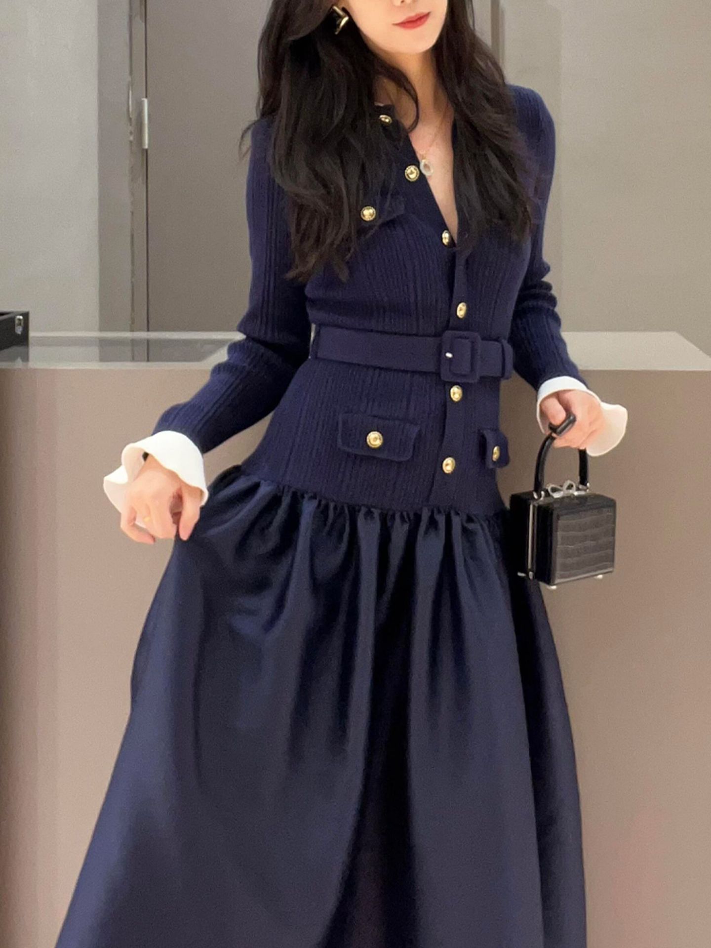 Navy Round Neck Knit Maxi Dress