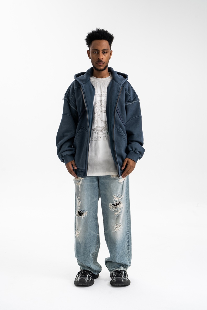 Utility Distressed Cotton Insulated Full-Zipper Embroidery Hoodie