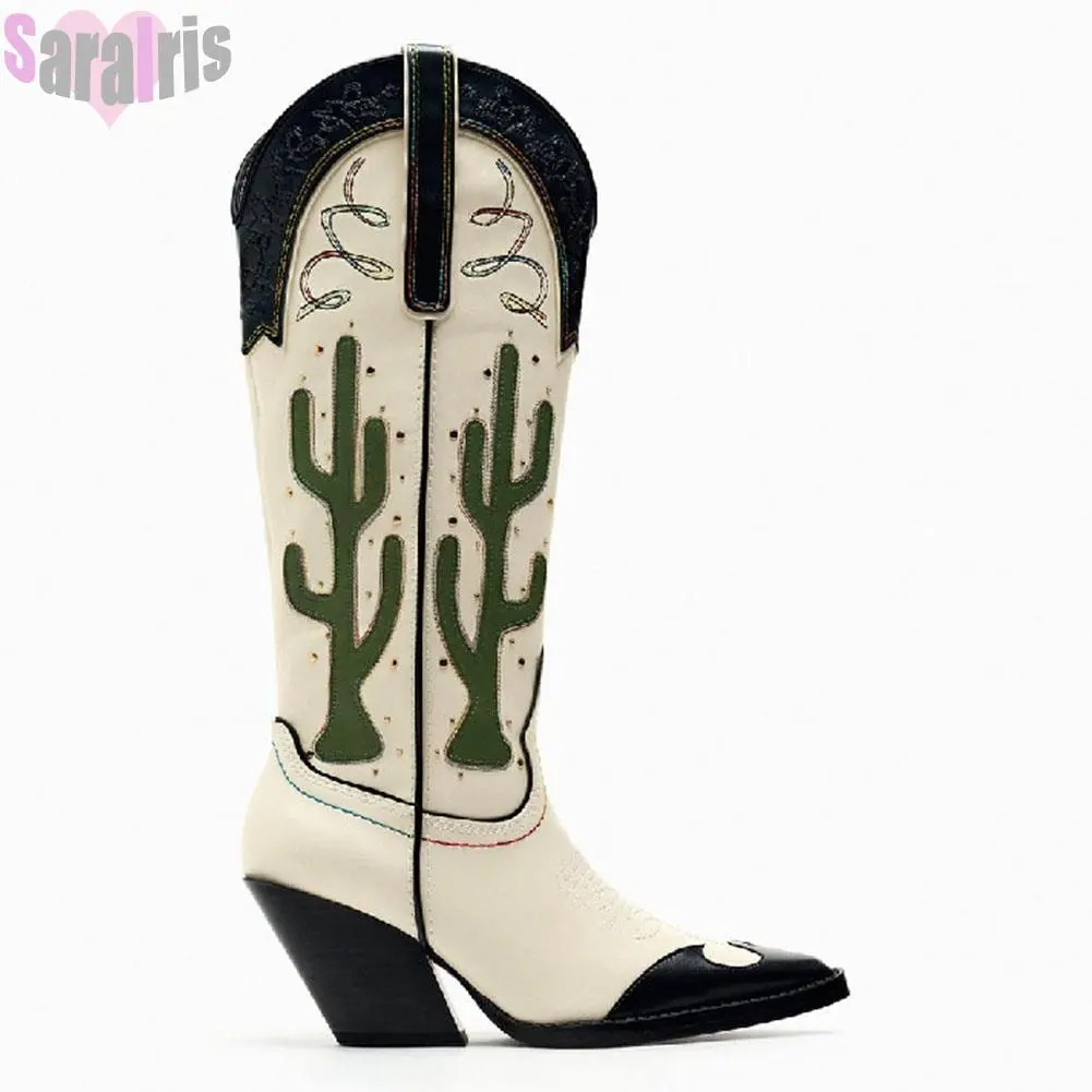 Western Cowboy Mid Calf Women Boots Chunky High Heels Cactus Vintage Cowgirl Long Boots Retro Shoes Woman