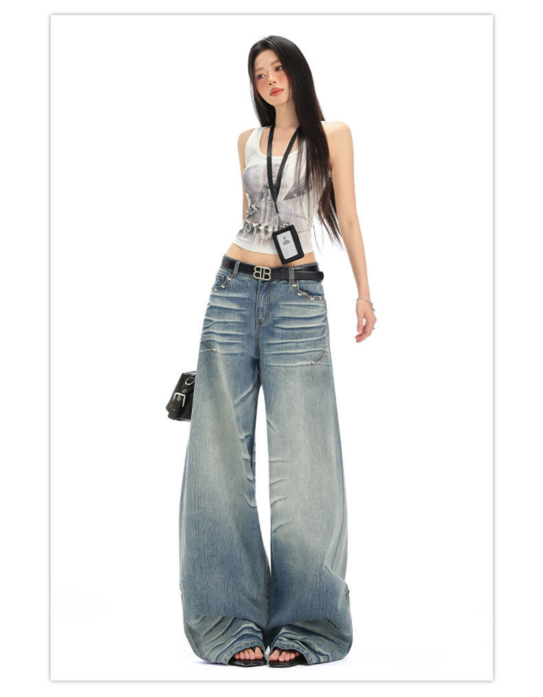 Retro Spicy Girl Washed Pleated Wide-Leg Jeans Women's Cracked Design Loose Drape Floor-Length Pants