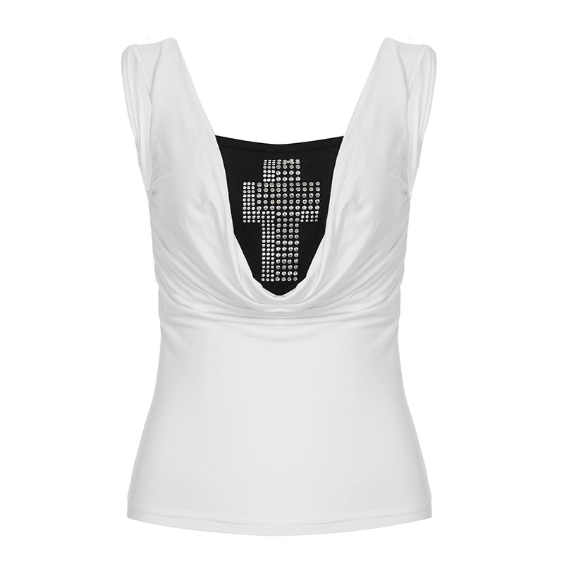 Post-Apocalyptic Style Unique Swing Collar Cross Splicing Sleeveless Top Spicy Girl Color Block Short Fake Two-Piece Knitted Vest