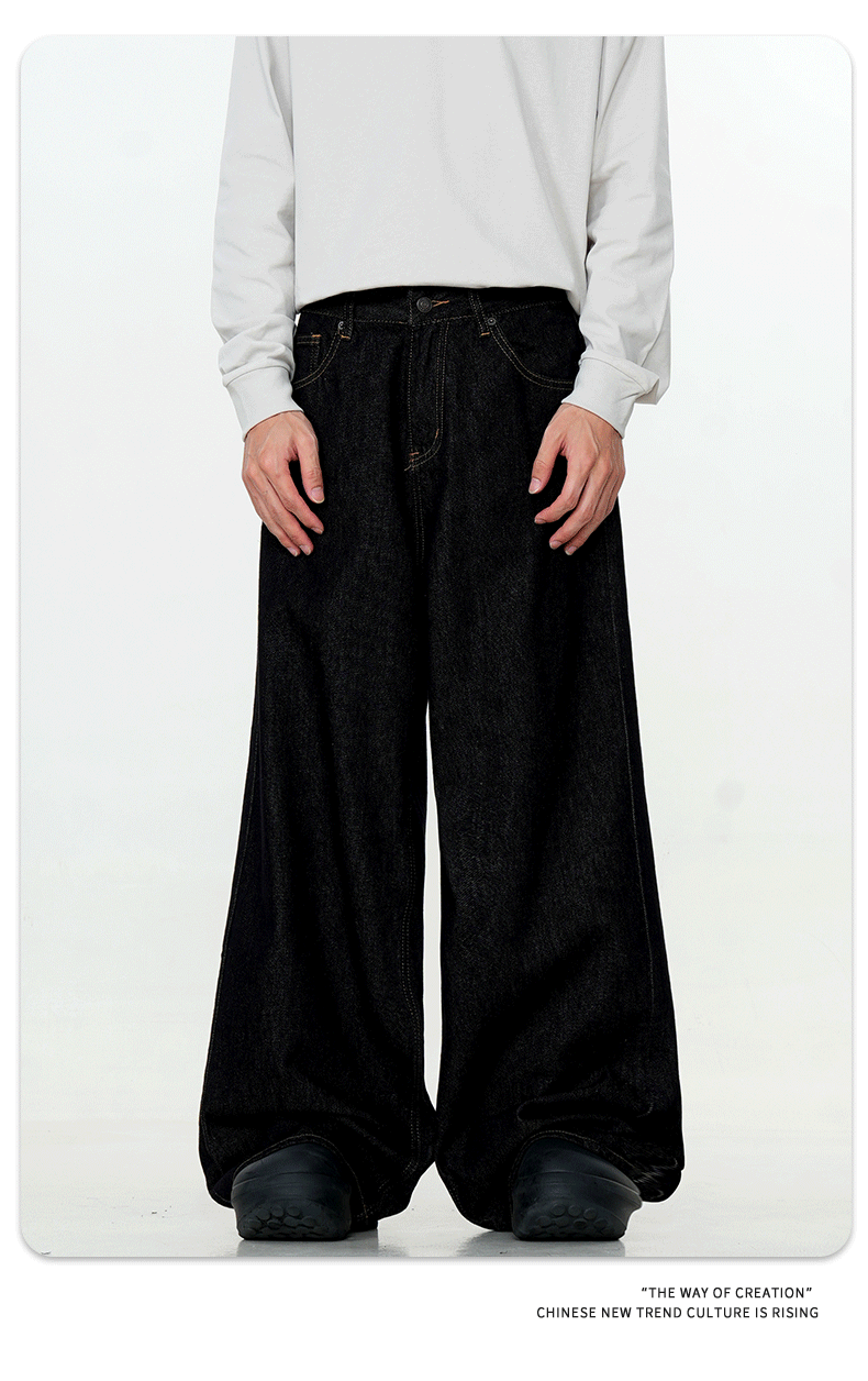 Black Soft Denim Pants Vintage Straight Simple Trendy Original Color Loose Casual Long Pants