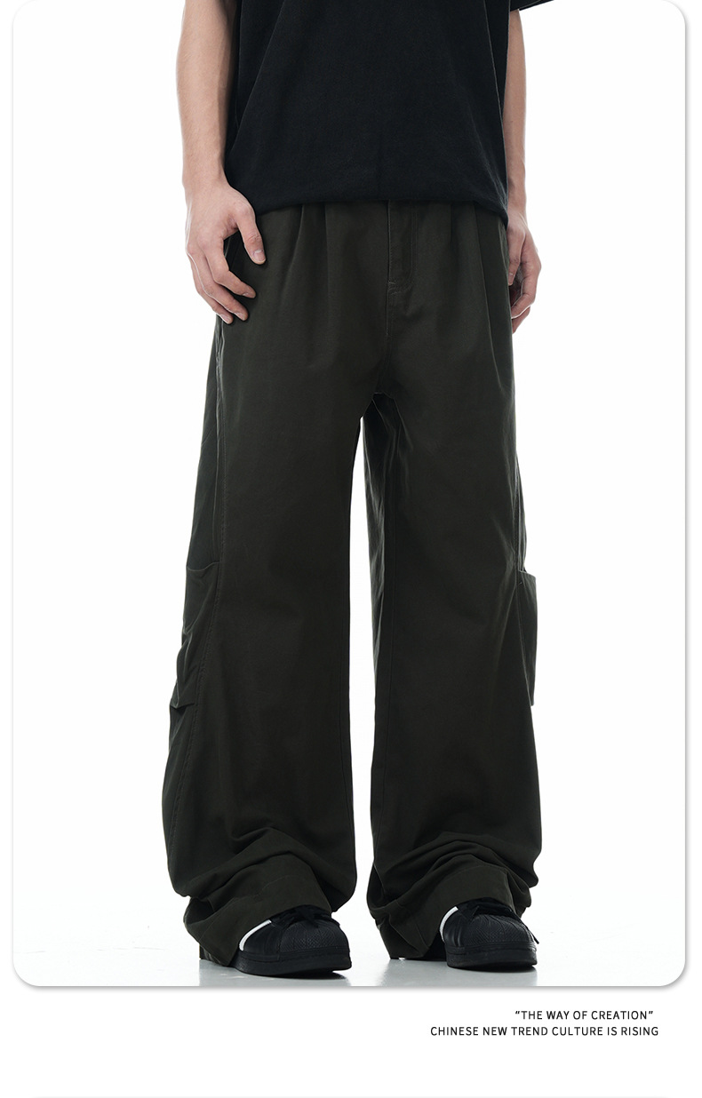Work Pants Men Simple Cuff Zipper Design Loose Wide Leg Slim Fit Versatile Long Trousers Trendy