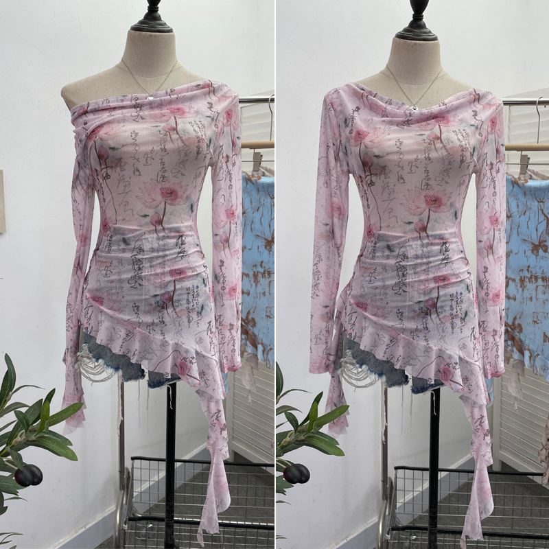 Flirty Asymmetrical Gathered Long Sleeve Top